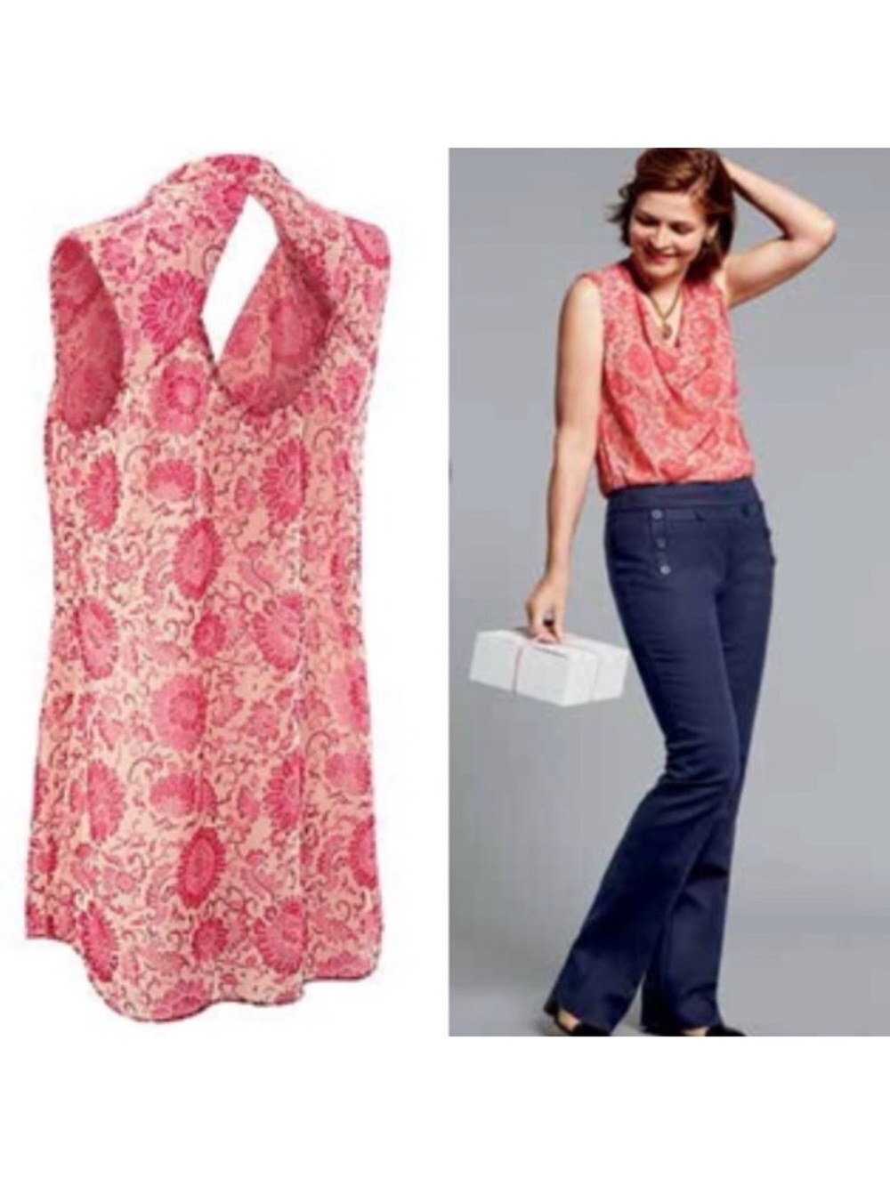 CAbi Pink Paisley Sleeveless Drape Neck Blouse